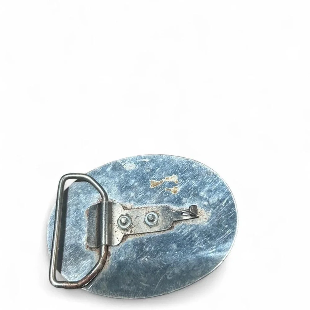 Vintage Silver tone belt buckle with blue enamel horse and horseshoe (xs1)‎
